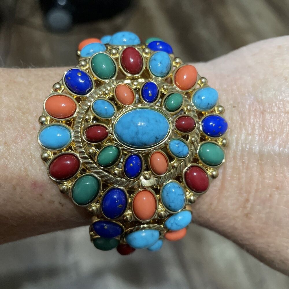 RJ Graziano Statement Bracelet Hidden Watch Beaded Gold Tone Signed Untested